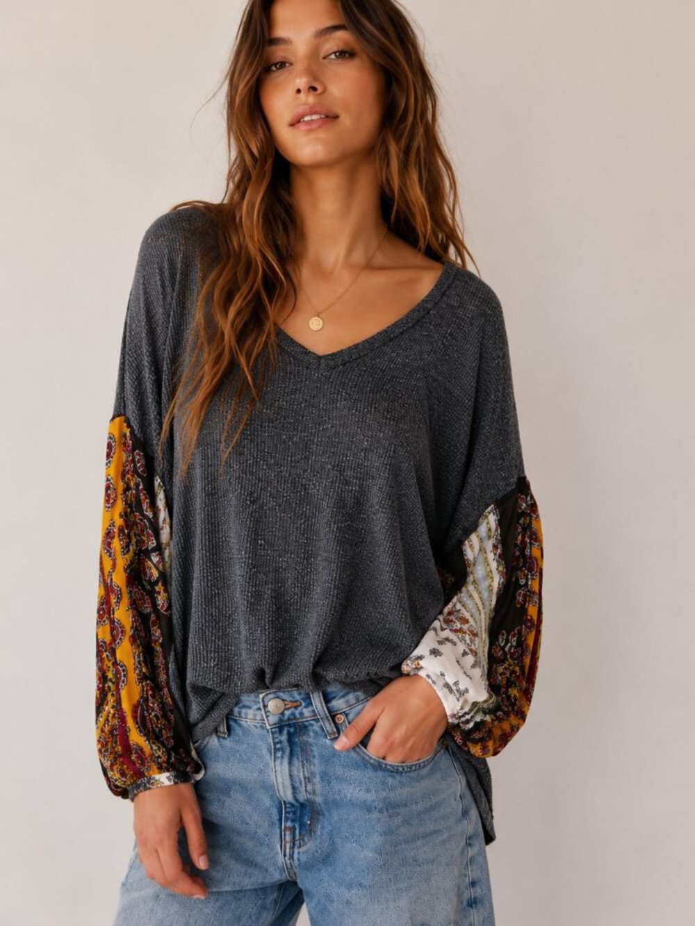 Free People SZ XS Blossom Thermal Patchwork Top Charcoal Gray